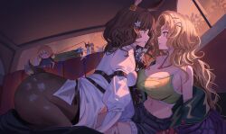 Rule 34 | 2girls, absurdres, animal ears, arm belt, arm support, asymmetrical docking, blonde hair, blonney, blue eyes, blue shorts, breast press, breasts, brown hair, car interior, centauroid, cleavage, curly hair, deer ears, deer girl, deer tail, doll, earrings, eye contact, face-to-face, flower, from side, green eyes, green sports bra, hair flower, hair ornament, hair over shoulder, hairclip, highres, jacket, jessica (reverse:1999), jewelry, jeze, large breasts, long hair, long sleeves, looking at another, medium breasts, ms. radio, multiple girls, navel, off shoulder, orange sky, parted lips, pendant, profile, purple jacket, radio, reverse:1999, shirt, shorts, sidelighting, sky, sports bra, stomach, tail, taur, twilight, white flower, white shirt, yuri