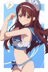 Rule 34 | 1girl, absurdres, armpits, blue sailor collar, blue sky, blush, breasts, brown eyes, brown hair, closed mouth, dot nose, grid background, hairband, hano9789, hat, highres, idolmaster, idolmaster million live!, idolmaster million live! theater days, long hair, looking at viewer, medium breasts, microphone, navel, outside border, sailor collar, sailor hat, sailor swimsuit (idolmaster), sky, smile, solo, sparkle, speech bubble, standing, stretching, sweat, tanaka kotoha, waves