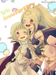 Rule 34 | 2girls, absurdres, ahoge, anniversary, black gloves, blonde hair, blush, braid, cape, circlet, fire emblem, fire emblem awakening, gloves, highres, long hair, long sleeves, mother and daughter, multiple girls, nah (fire emblem), nintendo, nishimura (shinchinagachi), nowi (fire emblem), one-hour drawing challenge, one eye closed, open mouth, pointy ears, ponytail, purple eyes, twin braids, twitter username, v