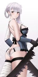 Rule 34 | 1girl, absurdres, ass, bandaged arm, bandages, bare shoulders, blush, breasts, brown eyes, butt crack, dual wielding, from behind, frown, gloves, highres, holding, kaine (nier), long hair, looking at viewer, medium breasts, nier, nier (series), shiny skin, short shorts, shorts, side ponytail, sideboob, silver hair, solo, sword, thigh strap, tio (005), weapon