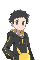 Rule 34 | 1boy, asatsuki (fgfff), black hair, black hoodie, character print, closed mouth, commentary request, creatures (company), game freak, gen 1 pokemon, grey eyes, grey shirt, hand in pocket, hood, hood down, hoodie, looking at viewer, lucas (pokemon), male focus, nintendo, pikachu, pokemon, pokemon bdsp, shirt, short hair, simple background, smile, solo, spiked hair, split mouth, tassel, upper body, white background
