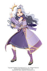 Rule 34 | 1girl, ^^^, arksign, belt, boots, detached sleeves, dress, full body, grey (arksign), hand on own hip, hat, highres, kimura shigetaka, light purple hair, long hair, magnifying glass, official art, open mouth, pouch, red eyes, simple background, solo, surprised, wavy hair, white background
