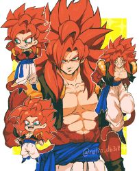 Rule 34 | absurdres, bare pectorals, biceps, blue sash, body fur, chibi, dragon ball, dragon ball gt, full body, fusion, gogeta, hands on own hips, highres, metamoran vest, monkey boy, monkey tail, no nipples, open mouth, outside border, pants, pectorals, red fur, relio db318, sash, super saiyan, super saiyan 4, tail, white pants