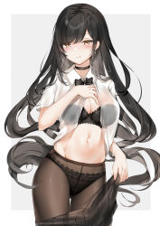 Rule 34 | 1girl, black bow, black bra, black choker, black pantyhose, blush, bow, bowtie, bra, breasts, choker, cleavage, closed mouth, collared shirt, cowboy shot, crotch seam, earrings, fang, fang out, groin, hand on own chest, highres, holding, holding clothes, holding skirt, jewelry, lace, lace panties, large breasts, long hair, looking at viewer, mole, mole on breast, navel, open clothes, original, outside border, panties, panties under pantyhose, pantyhose, see-through, shirt, short sleeves, simple background, skirt, smile, solo, symbol-only commentary, underwear, wing collar, yellow eyes, yukineko1018
