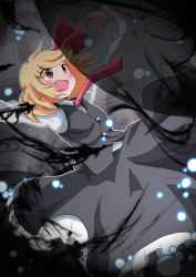 Rule 34 | 1girl, :d, blonde hair, danmaku, darkness, dress, fang, female focus, hair ribbon, massala, necktie, open mouth, outstretched arms, red eyes, red necktie, revision, ribbon, rumia, shadow, smile, solo, spread arms, touhou