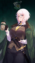 Rule 34 | 1girl, absurdres, black pants, blue eyes, breasts, collared shirt, cowboy shot, cup, disposable cup, faust (project moon), glasses, highres, holding, holding cup, large breasts, limbus company, looking at viewer, necktie, pants, parted lips, project moon, round eyewear, shirt, short hair, solo, sushispin, sword, weapon, white hair, white shirt, yellow necktie