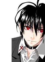Rule 34 | 00s, 1boy, ahoge, black hair, collar, male focus, monochrome factor, red eyes, short hair, simple background, solo, upper body, white background