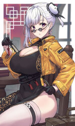 Rule 34 | 1girl, black dress, black gloves, book, breasts, bun cover, chair, china dress, chinese clothes, cleavage, covered navel, dress, ear piercing, eyelashes, folded fan, folding fan, gloves, grey thighhighs, hair bun, hand fan, highres, holding, holding fan, huge breasts, indie virtual youtuber, jacket, large breasts, long sleeves, looking at viewer, mi2mi2 minmi, open clothes, open jacket, piercing, purple eyes, round eyewear, single hair bun, sitting, solo, table, tassel, thigh strap, thighhighs, virtual youtuber, white hair, yellow jacket, yomi tsumugiha