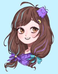 Rule 34 | 1girl, artist request, blob, brown eyes, brown hair, centi (nimu), hair ornament, hairclip, highres, indie virtual youtuber, low twintails, multicolored hair, nimu (vtuber), short hair, simple background, smile, solo, star (symbol), star hair ornament, streaked hair, twintails, upper body, virtual youtuber