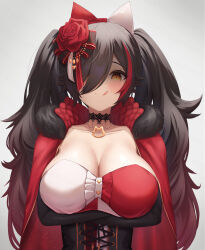 Rule 34 | 1girl, :q, arms under breasts, black choker, black hair, blush, breasts, brown eyes, choker, cleavage, cloak, closed mouth, corset, crossed arms, flower, fur collar, hair flower, hair ornament, hair over one eye, highres, hololive, large breasts, long hair, looking at viewer, ookami mio, ookami mio (wonderland), red cloak, red flower, shaded face, simple background, solo, suicabar72, tongue, tongue out, twintails, upper body, virtual youtuber