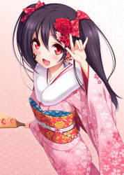 Rule 34 | 10s, 1girl, :d, \m/, black hair, blush, bow, cygnus (cygnus7), facepaint, flower, fur trim, furisode, hagoita, hair bow, hair flower, hair ornament, japanese clothes, kimono, long hair, looking at viewer, love live!, love live! school idol project, new year, open mouth, paddle, red eyes, smile, solo, twintails, yazawa nico