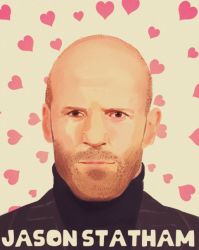 Rule 34 | 1boy, bald, brown eyes, brown hair, character name, closed mouth, commentary request, facial hair, heart, heart background, jason statham, looking at viewer, niku-q owata, real life, solo, stubble, turtleneck, upper body