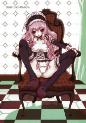 Rule 34 | 1girl, breasts, chair, curly hair, gothic lolita, lingerie, lolita fashion, long hair, medium breasts, naughty face, nipples, panties, pink eyes, pink hair, solo, spread legs, thighhighs, underwear