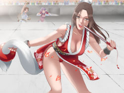 Rule 34 | 3girls, asamiya athena, bare shoulders, breasts, brown hair, chiramegd, cleavage, downblouse, fatal fury, female focus, fingerless gloves, gloves, hand fan, highres, holding, holding fan, large breasts, legs, long hair, looking at viewer, multiple girls, open mouth, panties, pelvic curtain, purple hair, shiranui mai, short hair, sleeveless, smile, standing, the king of fighters, underwear, yuri sakazaki