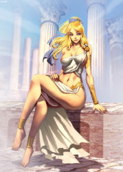 Rule 34 | 1girl, ancient greek clothes, ankle cuffs, anklet, bare legs, barefoot, blonde hair, blue eyes, bracelet, breasts, column, covered erect nipples, crossed legs, cuffs, dress, feet, genzoman, greece, greek mythology, helen of troy, himation, hip focus, jewelry, large breasts, legs, long hair, long legs, no panties, pillar, real life, sideboob, sitting, solo, stomach, toes, toga, wide hips