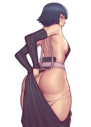 Rule 34 | 1girl, absurdres, ass, asura (asurauser), bare legs, black hair, black hakama, black sleeves, bleach, blunt bangs, blush, breasts, commentary, detached sleeves, english commentary, from behind, hakama, hakama skirt, highres, japanese clothes, lips, looking back, medium breasts, no bra, no panties, nose, sash, short hair, short hair with long locks, sideboob, simple background, skindentation, skirt, solo, standing, sui-feng, thick thighs, thighs, white background