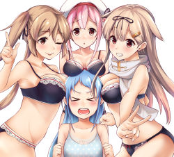 Rule 34 | &gt; &lt;, 10s, 4girls, ;p, black bra, black panties, blue bra, blue hair, blush, bra, breast envy, breast press, breast rest, breasts, brown hair, cleavage, from side, grin, hair flaps, hair ornament, hairclip, haregama shiina, harusame (kancolle), hat, index finger raised, kantai collection, large breasts, long hair, looking at viewer, medium breasts, multiple girls, murasame (kancolle), one eye closed, panties, pink hair, polka dot, polka dot bra, samidare (kancolle), scarf, simple background, small breasts, smile, tears, tongue, tongue out, twintails, underwear, v, white background, white scarf, yuudachi (kancolle)