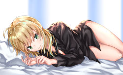 Rule 34 | 1girl, absurdres, ahoge, artoria pendragon (all), artoria pendragon (fate), bed sheet, black neckwear, black shirt, blonde hair, bottomless, breasts, closed mouth, collared shirt, dress shirt, fate/zero, fate (series), feet out of frame, green eyes, hair over shoulder, highres, long sleeves, looking at viewer, low ponytail, lying, naked shirt, on bed, on side, pillow, ponytail, saber (fate), shirt, sidelocks, smile, solo, untied, yu sa1126
