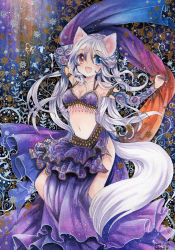 Rule 34 | 1girl, animal ears, arabian clothes, blue eyes, blush, breasts, cleavage, collarbone, dancer, dancing, dated, detached sleeves, harem outfit, heterochromia, long hair, midriff, mosho, navel, open mouth, original, painting (medium), purple hair, red eyes, scarf, signature, smile, solo, tail, traditional media, watercolor (medium)