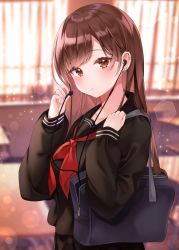 Rule 34 | 1girl, backlighting, bag, black sailor collar, black serafuku, black shirt, blurry, blurry background, blush, brown eyes, brown hair, closed mouth, commentary, depth of field, ear piercing, earphones, glint, hand on own chest, highres, holding, lens flare, long hair, long sleeves, looking at viewer, neckerchief, original, piercing, red neckerchief, reel (riru), sailor collar, school bag, school uniform, serafuku, shirt, solo, swept bangs, upper body, window