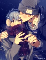 Rule 34 | 2boys, black jacket, blonde hair, blue hair, blush, bonnet, closed eyes, coat, collared shirt, commentary request, earmuffs, earrings, fingernails, hand on another&#039;s shoulder, holding, holding jewelry, holding ring, hood, hood down, hooded jacket, jacket, jewelry, kise ryouta, kuroko no basuke, kuroko tetsuya, lapels, layered clothes, lower teeth only, male focus, mashima shima, multiple boys, notched lapels, open mouth, plaid, plaid scarf, ring, scarf, shirt, short hair, single earring, snow, teeth, twitter username, yaoi