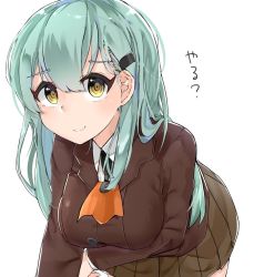 Rule 34 | 10s, 1girl, alternate eye color, aqua hair, ascot, bad id, bad pixiv id, blazer, breast rest, breasts, brown eyes, brown skirt, buttons, hair between eyes, hair ornament, hairclip, jacket, kantai collection, large breasts, leaning forward, long hair, long sleeves, looking at viewer, pleated skirt, school uniform, simple background, skirt, smile, solo, suzuharu, suzuharu toufu, suzuya (kancolle), white background, yellow eyes