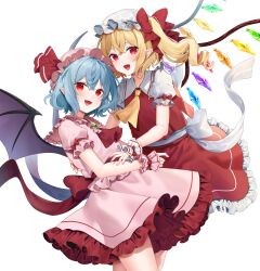 Rule 34 | 2girls, :d, absurdres, ascot, blonde hair, blue hair, bow, collared shirt, commentary request, cowboy shot, crystal, fang, flandre scarlet, frilled shirt collar, frilled skirt, frills, hat, hat bow, highres, long hair, looking at viewer, mob cap, multiple girls, open mouth, pink shirt, pink skirt, pointy ears, puffy short sleeves, puffy sleeves, red ascot, red eyes, red ribbon, red skirt, red vest, remilia scarlet, ribbon, shirt, short hair, short sleeves, siblings, simple background, sisters, skirt, smile, touhou, usushio, vest, white background, white shirt, wings, wrist cuffs, yellow ascot