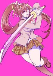 Rule 34 | 1girl, bow, bowtie, brown hair, dynamic pose, feet out of frame, fighting stance, glowing, glowing eyes, hair between eyes, hair bow, highres, holding, holding sword, holding weapon, horns, katana, long hair, looking at viewer, open mouth, pink background, pleated skirt, ponytail, school uniform, shoes, sketch, skirt, solo, suzuka (housamo), sword, thighs, tokyo houkago summoners, weapon, yakisoba ohmori