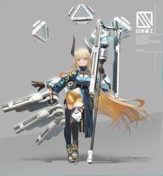 Rule 34 | 1girl, blonde hair, blue jacket, brown footwear, brown gloves, brown thighhighs, commentary request, english text, gloves, grey background, grin, hair between eyes, highres, holding, horns, jacket, long hair, long sleeves, looking at viewer, mecha musume, natori youkai, navel, original, puffy long sleeves, puffy sleeves, short shorts, shorts, simple background, smile, solo, standing, standing on one leg, thighhighs, very long hair, yellow eyes, yellow shorts