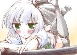 Rule 34 | 1girl, bad id, bad pixiv id, black panties, black thighhighs, blush, bow, face, female focus, foreshortening, green eyes, hair bow, hairband, kakei hidetaka, katana, konpaku youmu, lace, lace-trimmed panties, lace trim, legs up, lying, no pants, on stomach, panties, scabbard, sheath, short hair, silver hair, solo, striped clothes, striped panties, sword, thighhighs, touhou, underwear, vest, weapon