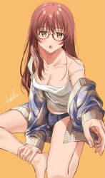 Rule 34 | 1girl, bare legs, bare shoulders, barefoot, blue panties, breasts, brown eyes, brown hair, cleavage, glasses, hair over shoulder, hand on own foot, highres, jacket, kukiha, lace, lace-trimmed panties, lace trim, legs, long hair, long sleeves, looking at viewer, medium breasts, mole, mole under eye, no pants, off shoulder, open clothes, open jacket, original, outstretched arm, panties, plaid, plaid jacket, signature, simple background, sitting, solo, strap slip, tank top, underwear, white tank top, yellow background