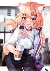 Rule 34 | 1girl, :d, animal ear fluff, animal ears, black choker, black pantyhose, black skirt, blonde hair, book, cat ears, cat tail, choker, commentary, cowboy shot, cup, disposable cup, facial mark, highres, holding, holding book, id card, long hair, looking at viewer, miniskirt, open mouth, pantyhose, pencil skirt, short sleeves, shyrei faolan, skirt, smile, solo, squchan, standing, tail, vguyen, virtual youtuber, whisker markings