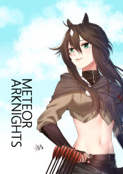 Rule 34 | 1girl, animal ears, arknights, arrow (projectile), belt, black hair, blue sky, brown shirt, capelet, character name, cloud, copyright name, crop top, day, gogatsu fukuin, green eyes, grey capelet, hair between eyes, highres, horse ears, long hair, long sleeves, meteor (arknights), midriff, navel, outdoors, parted lips, shirt, sky, smile, solo, stomach, upper body