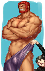 Rule 34 | 2boys, abs, absurdres, bar censor, bara, bare pectorals, beard, boxers, bulge, censored, cowboy shot, crossed arms, facial hair, fate/grand order, fate/zero, fate (series), highres, iskandar (fate), large pectorals, lord el-melloi ii, male focus, male pubic hair, male underwear, multiple boys, muscular, navel, nipples, pectorals, ponkotsu (pixiv11249778), pubic hair, red eyes, red hair, short hair, testicles, thick thighs, thighs, underwear, waver velvet