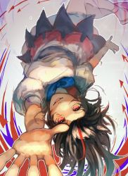 Rule 34 | 1girl, arrow (symbol), black hair, blue bow, blue bowtie, bow, bowtie, grey horns, highres, horns, kijin seija, korukua, looking at viewer, multicolored hair, open mouth, red eyes, red hair, short hair, short sleeves, simple background, solo, streaked hair, touhou, upside-down, white background, white hair