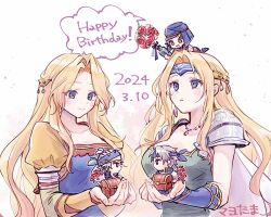 Rule 34 | 2girls, 3boys, armor, blonde hair, blue eyes, blue hairband, blue headwear, blue shirt, bouquet, breasts, cape, celes chere, closed mouth, commentary request, dated, earrings, final fantasy, final fantasy vi, flower, green leotard, grey hair, hair ornament, hairband, happy birthday, holding, holding bouquet, jacket, jewelry, juliet sleeves, large breasts, leotard, light blush, locke cole, long hair, long sleeves, mini person, miniboy, multiple boys, multiple girls, multiple persona, necklace, official alternate costume, open clothes, open jacket, pan ff6, parted bangs, parted lips, puffy sleeves, red flower, red rose, rose, shirt, short hair, shoulder armor, sidelocks, smile, speech bubble, treasure chest, upper body, yellow jacket