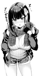 Rule 34 | 1girl, :o, black gloves, blush, breasts, camouflage, camouflage shorts, cowboy shot, flower, gloves, greyscale, hair flower, hair ornament, hand in pocket, highres, jacket, large breasts, medium hair, monochrome, original, plaid, plaid scarf, ribbed sweater, ryopa, scarf, short shorts, shorts, solo, sweater