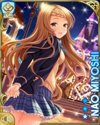 Rule 34 | 1girl, :d, amusement park, blazer, blue bow, blue jacket, blue skirt, bow, braid, brown eyes, brown hair, card, character name, from behind, girlfriend (kari), jacket, long hair, miyoshi nao, night, official art, open mouth, outdoors, plaid, plaid skirt, qp:flapper, school, shirt, skirt, smile, solo, standing, sweater vest, tagme, white shirt, yellow sweater vest