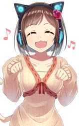 Rule 34 | 10s, 1girl, :3, animal ear headphones, animal ears, axent wear, beamed quavers, brown hair, cat ear headphones, cat ears, closed eyes, collarbone, fake animal ears, fang, flower, hair flower, hair ornament, headphones, idolmaster, idolmaster cinderella girls, maekawa miku, musical note, open mouth, paw pose, quaver, short hair, smile, solo, wagashi928