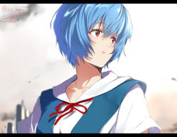 Rule 34 | 1girl, ayanami rei, blue eyes, blue vest, blurry, blurry background, cityscape, collarbone, expressionless, isshiki (ffmania7), letterboxed, looking away, looking to the side, neon genesis evangelion, open mouth, outdoors, red eyes, red ribbon, ribbon, school uniform, shirt, short hair, short sleeves, signature, sky, solo, twitter username, upper body, vest, white shirt