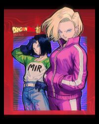 Rule 34 | 1boy, 1girl, absurdres, adjusting hair, android 17, android 18, black gloves, black hair, blonde hair, blue eyes, blue pants, brother and sister, character name, collarbone, commentary, copyright name, cowboy shot, dragon ball, dragon ball super, earrings, english commentary, gloves, green shirt, hands in pockets, highres, jacket, jewelry, kornart, medium hair, pants, pink jacket, pink pants, print shirt, shirt, siblings, track suit, twins, twitter username