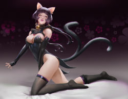 Rule 34 | 1girl, animal ears, bed sheet, bell, black gloves, black leotard, black nails, black thighhighs, blunt bangs, blush, breasts, cat band gloves, cat ears, cat girl, cat tail, elbow gloves, fingerless gloves, floating hair, forked tail, full body, gloves, gradient background, highleg, highleg leotard, highres, jingle bell, kneeling, kyungnam234, leotard, long hair, looking at viewer, loose thighhigh, low twintails, medium breasts, nail polish, neck bell, no shoes, on bed, original, pink lips, puckered lips, purple background, purple hair, sidelocks, skindentation, sleeveless, solo, tail, tailcoat, thighhighs, twintails, yellow eyes