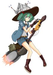 Rule 34 | 1girl, alternate headwear, bad id, bad pixiv id, blue eyes, blue hair, boots, broom, deflinger, exhaust, gloves, hair bobbles, hair ornament, hat, highres, jacket, kawashiro nitori, key, mechanical broom, short hair, shorts, solo, tongue, tongue out, touhou, two side up, vest, witch, witch hat