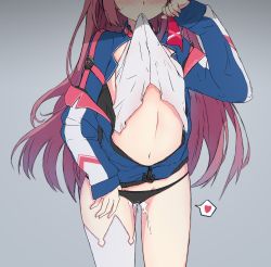 Rule 34 | 1girl, absurdres, azur lane, belly, blush, clothes in mouth, clothes lift, commentary, english commentary, grey background, head out of frame, heart, highres, jacket, lifted by self, long hair, mouth hold, navel, panties, pussy juice, red hair, shirt in mouth, shirt lift, simple background, single thighhigh, sleeves past wrists, solo, spoken heart, stanly (azur lane), stomach, thighhighs, underwear, white thighhighs, xandier59