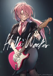 1girl black_pantyhose closed_eyes electric_guitar ge-b guitar hair_between_eyes hello_worker_(vocaloid) highres instrument jacket long_hair megurine_luka necktie pantyhose pink_hair project_diva_(series) recruiter_(module) shirt skirt solo suit_jacket vocaloid white_shirt