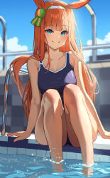 Rule 34 | 1girl, absurdres, alternate costume, animal ears, aqua eyes, blue one-piece swimsuit, blue sky, closed mouth, commentary, fuyoko, hairband, highres, hime cut, horse ears, horse girl, horse tail, long hair, looking at viewer, one-piece swimsuit, orange hair, outdoors, partially submerged, pool, poolside, silence suzuka (umamusume), sky, smile, solo, swimsuit, tail, tracen swimsuit, umamusume, water, white hairband