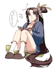 Rule 34 | 1girl, as (ashyblown), ass, bad id, bad pixiv id, blue eyes, book, brown hair, casual, fate/grand order, fate (series), highres, long hair, open book, shimomoto, side ponytail, sitting, slippers, socks, solo, translated, ushiwakamaru (fate), very long hair, white socks
