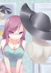 Rule 34 | &gt;:&lt;, 1girl, :&lt;, breasts squeezed together, breasts, cleavage, closed mouth, collarbone, covered erect nipples, glasses, hat, josephine (twin tail rabbit), large breasts, leaning forward, mannequin, original, purple eyes, purple hair, rimless eyewear, shorts, solo, v-shaped eyebrows