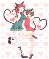 Rule 34 | 2girls, ;d, animal ears, ass, bare legs, blush, bobby socks, bow, braid, breasts, brown hair, cat ears, cat girl, cat tail, chen, earrings, extra ears, fang, female focus, full body, hair bow, hat, heart, heart tail, hiyosuke (ak love), jewelry, kaenbyou rin, large breasts, legs, long hair, multiple girls, multiple tails, nekomata, one eye closed, open mouth, pantyhose, paw pose, red eyes, red hair, short hair, single earring, smile, socks, standing, standing on one leg, tail, thighs, touhou, twin braids, white legwear, wink