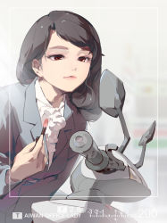 Rule 34 | 1girl, applying makeup, black hair, black suit, brown eyes, commentary request, english text, formal, highres, holding, holding brush, long hair, long sleeves, looking at viewer, makeup brush, motor vehicle, motorcycle, office lady, original, pink lips, shirt, solo, suit, taiwan, tennohi, text focus, upper body, white shirt